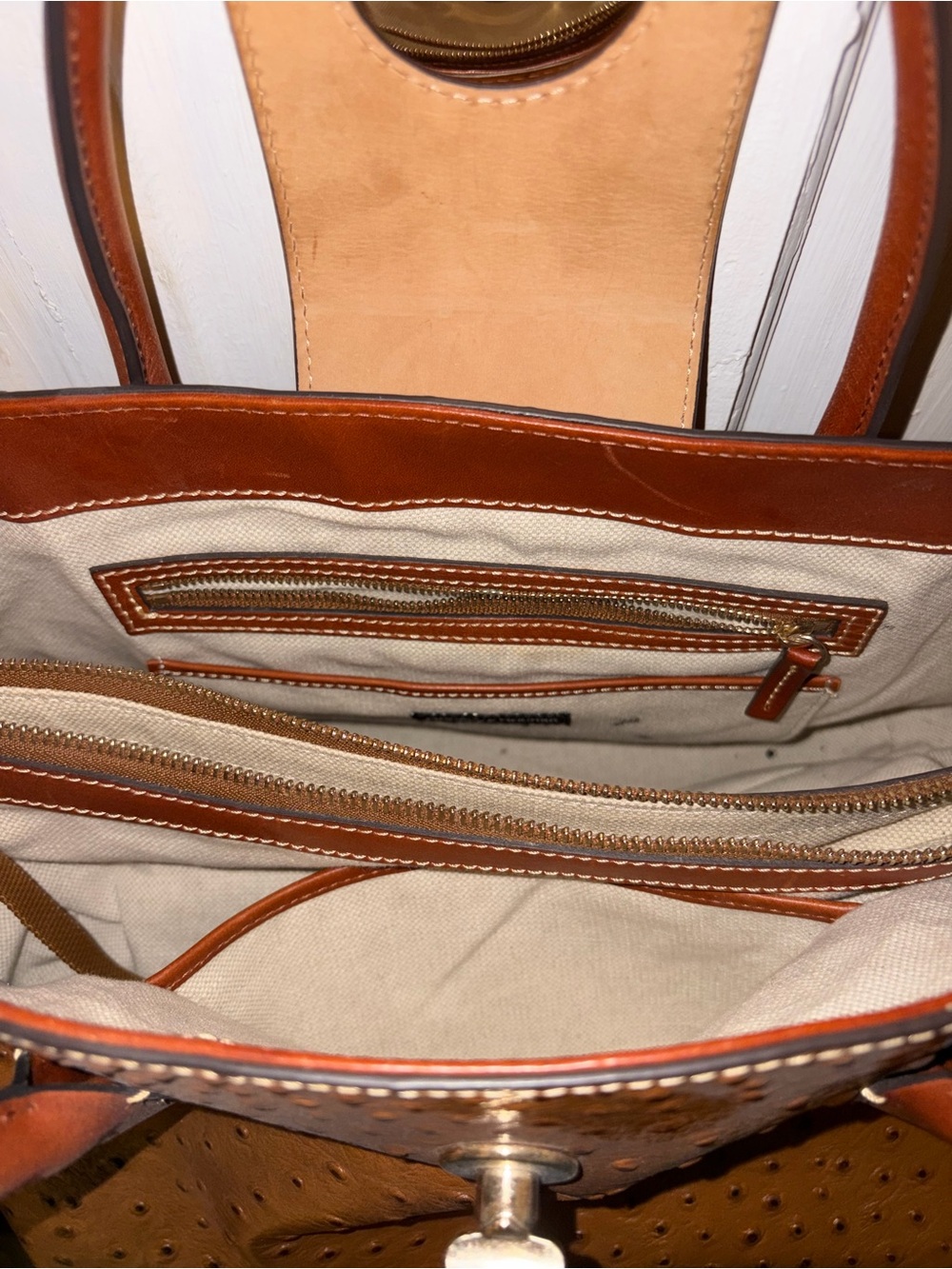 Dooney & Bourke Tan/Brown Ostrich-Embossed Satchel with Shoulder Strap - Picture 5 of 5